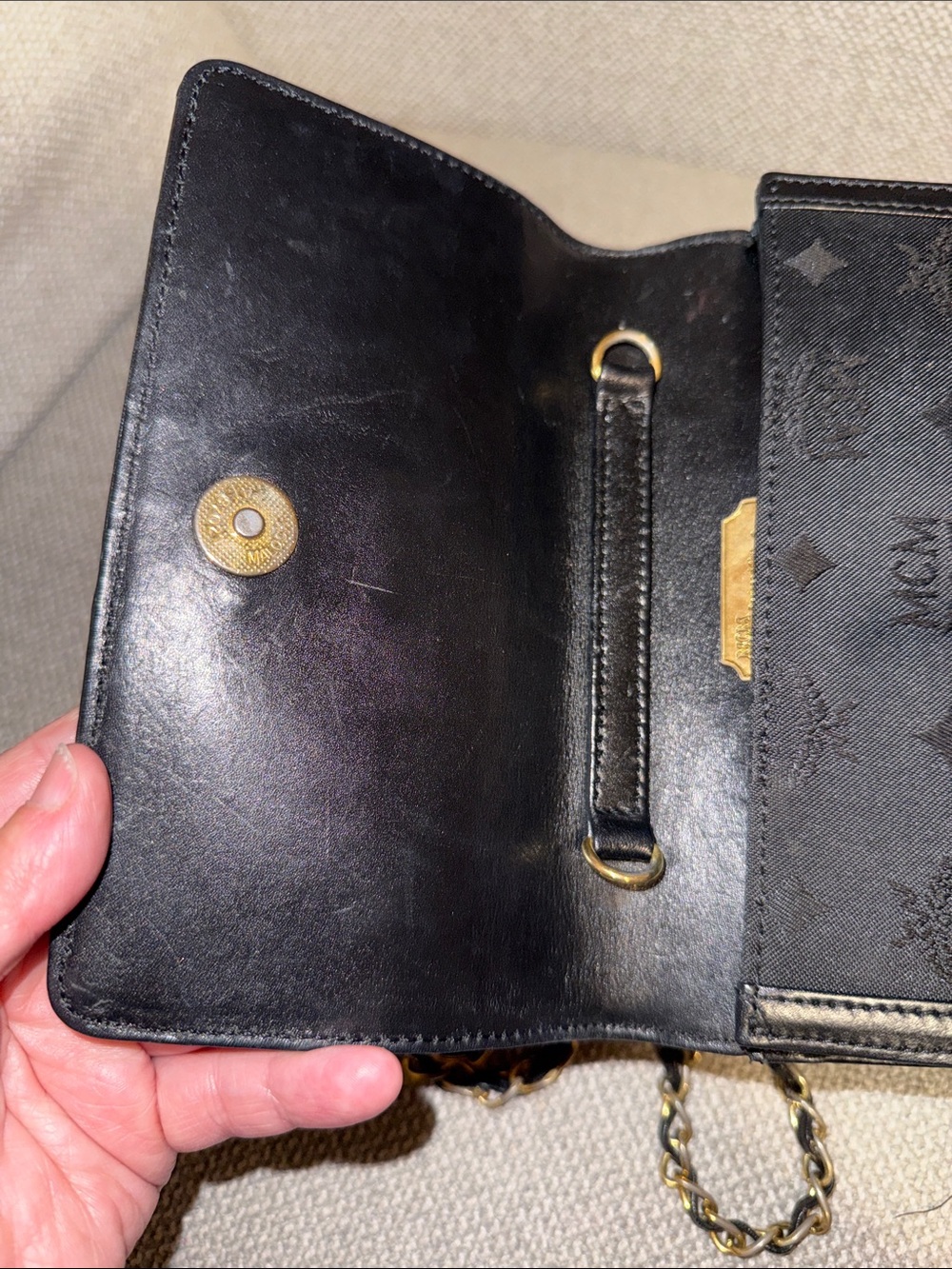 MCM Black Monogram Chain Shoulder Bag Clutch with Gold Plate - Picture 12 of 12